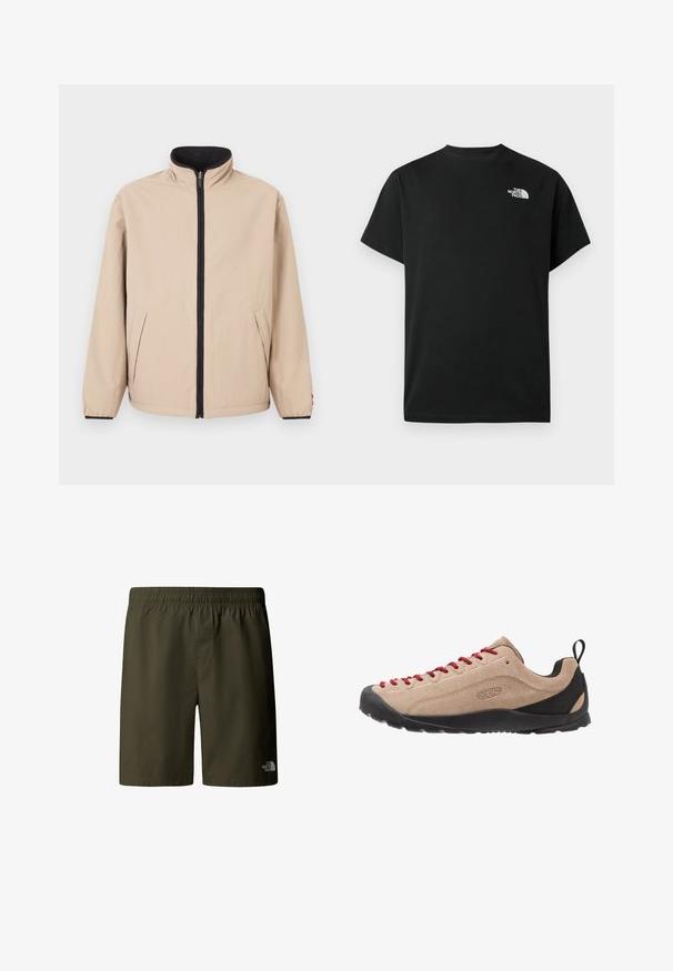 Beige jakke med høj krave, frontlynlås og sorte detaljer. Har to sidelommer og elastiske ærmeafslutninger. Glat tekstur.; Sort t-shirt med korte ærmer lavet af bomuld. Har en hvid logo på venstre bryst. Enkelt snit med rund halsudskæring og minimalt design.; Olivenfarvede cargo shorts med elastisk talje og snøre, der har et lille logo på nederste højre side. Glat, let materiale.; Beige ruskind lavtop sko med røde snørebånd, sort gummisål og mesh-detaljer nær hælen for åndbarhed og komfort.