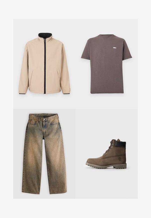 Beige Jacke mit hohem Kragen, Reißverschluss vorne und schwarzen Akzenten. Verfügt über zwei Seitentaschen und elastische Bündchen. Glatte Textur.; Braunes Kurzarm-T-Shirt mit Rundhalsausschnitt und kleinem weißen "OBEY"-Logo auf der oberen linken Brustseite.; Jeans mit weitem Bein aus Denim in einem verblassten Braunton mit leichter Waschung. Verfügt über das traditionelle Fünf-Taschen-Design und sichtbare Nahtdetails.; Braune Leder-Stiefelette mit schwarzem Kragen, Metallösen und robustem grauen Sohlen. Verfügt über ein Logo an der Seite und genähten Details.