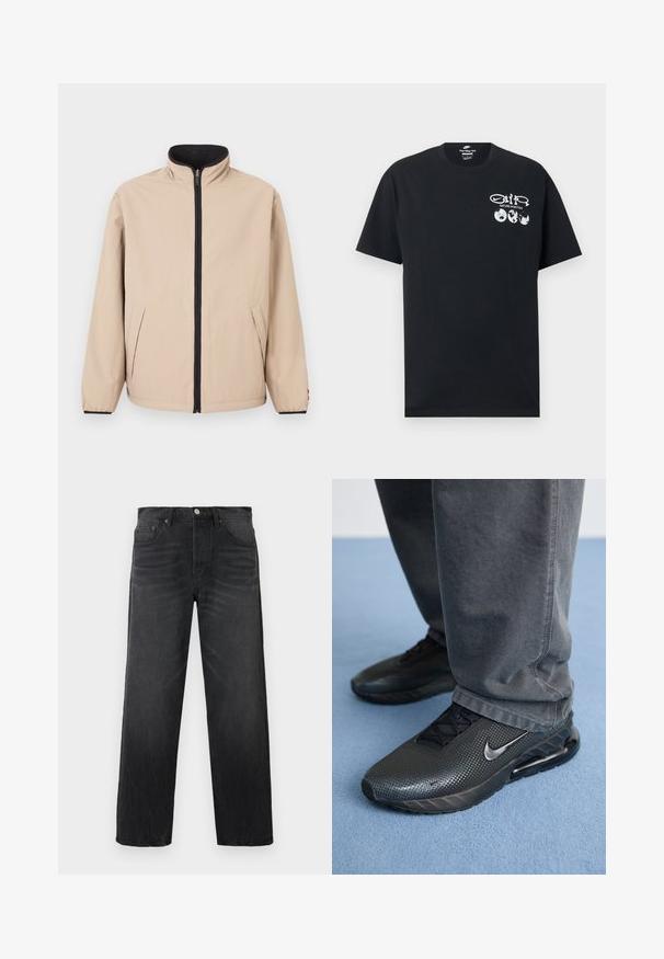Beige jakke med høj krave, frontlynlås og sorte detaljer. Har to sidelommer og elastiske ærmeafslutninger. Glat tekstur.; Sort Nike T-shirt med korte ærmer med hvid tekst "Nature in Motion", tre ikoner af jordkloden og Nike Swoosh-grafik på venstre bryst.; Sorte denimjeans med lige ben, der har fem lommer, en knaplukning foran og subtil falming for tekstur.; Sorte Nike træningssko med en struktureret overdel, perforerede detaljer og en synlig luftdæmpningsenhed, parret med grå bukser.