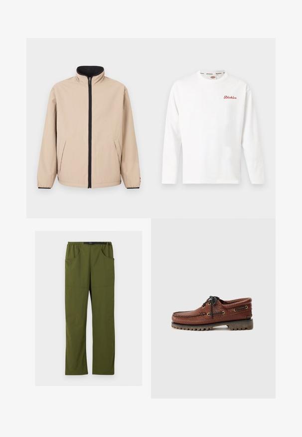 Beige jakke med høj krave, frontlynlås og sorte detaljer. Har to sidelommer og elastiske ærmeafslutninger. Glat tekstur.; Hvid langærmet crewneck-trøje med lille rødt "Dickies"-logo på venstre bryst og mærket kantebånd på kraven.; Olivengrønne bukser med lige ben, elastisk talje og sort justerbart spændebælte, forlommer og sidelommer, detaljer med søm foran.; Brune læder bådsko med struktureret overdel, sorte snørebånd og gyldne øjer. Har en holdbar, rillede gummisål.