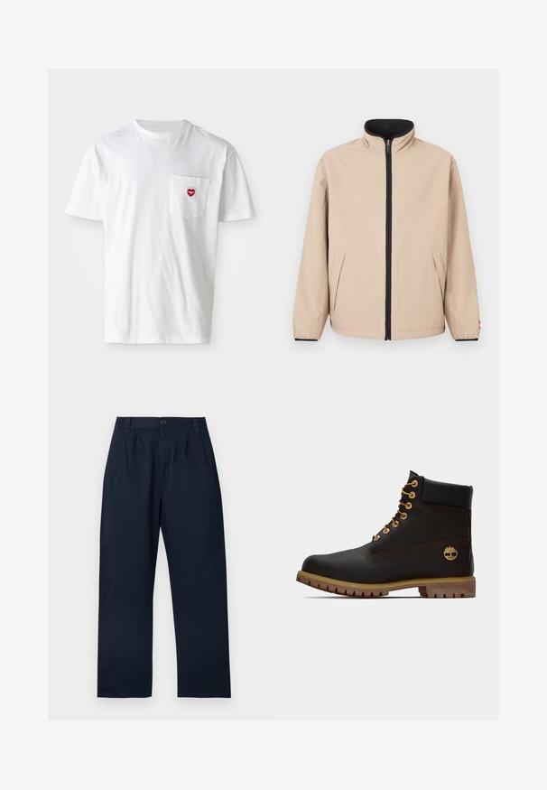 Beige jas met een hoge kraag, ritssluiting aan de voorkant en zwarte accenten. Voorzien van twee zijzakken en elastische manchetten. Gladde textuur.; Witte katoenen T-shirt met een ronde hals en korte mouwen. Bevat een klein rood hartlogo op de linkerkant van de borstzak.; Donker marineblauwe katoenen broek, met knoopsluiting, plooien aan de voorkant en een rechte pijp.; Zwarte leren enkellaars met gouden oogjes, bruine accenten en een rubberen zool. Heeft een gevoerde kraag en geperst logo aan de zijkant.