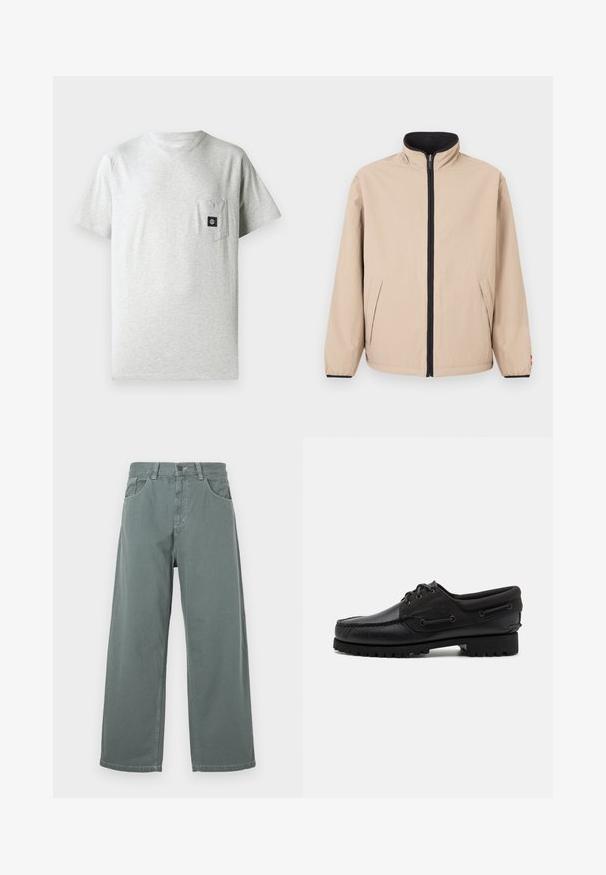 Beige jakke med høj krave, frontlynlås og sorte detaljer. Har to sidelommer og elastiske ærmeafslutninger. Glat tekstur.; Herret grå bomulds t-shirt med rund halsudskæring, korte ærmer og lomme på venstre bryst, forsynet med en lille sort logo-patch.; Breddebenede bukser i afdæmpet grøn bomuld, med en klassisk talje, bæltesløjfer, forlommer og kontrasterende sømdetaljer.; Sort sko med overdel i læder, tekstilaccentuer, runde snørebånd og en tekstureret gummisål. Udstyret med mokkasinsyning og branddetalje.