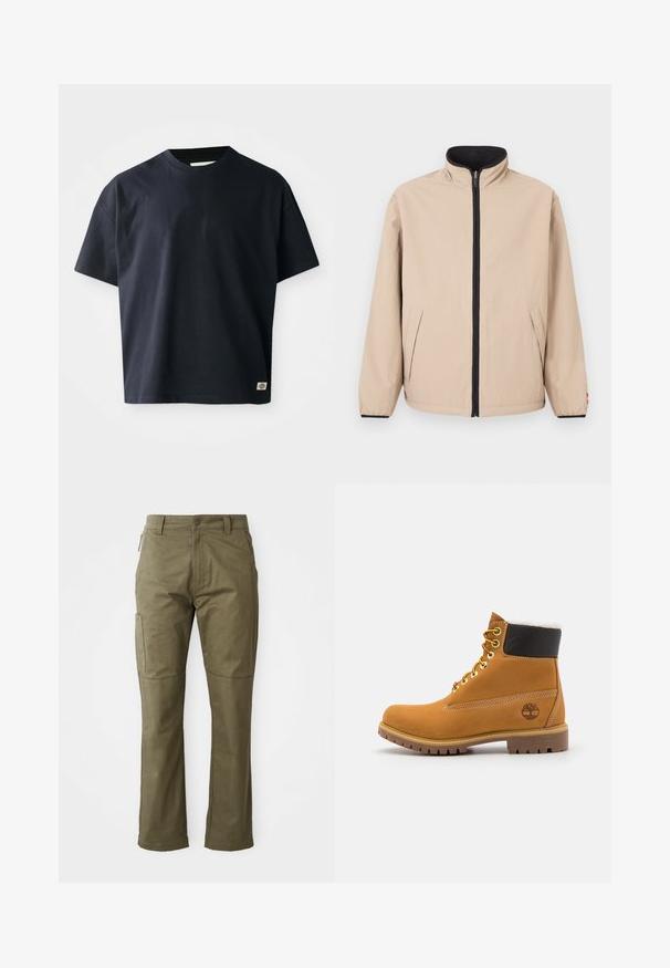 Beige jakke med høj krave, frontlynlås og sorte detaljer. Har to sidelommer og elastiske ærmeafslutninger. Glat tekstur.; Marineblå kortærmet T-shirt med rund hals og et lille rektangulært brandlogo nær den nederste søm på forsiden til højre.; Khaki cargo bukser lavet af slidstærkt bomuldsstof, med sidelommer, lige ben og lynlåsåbning med knaplukning.; Brune læder ankelstøvle med metaløjer, hvid pelsforing, sort polstret krave, robust sål og præget logo på siden.