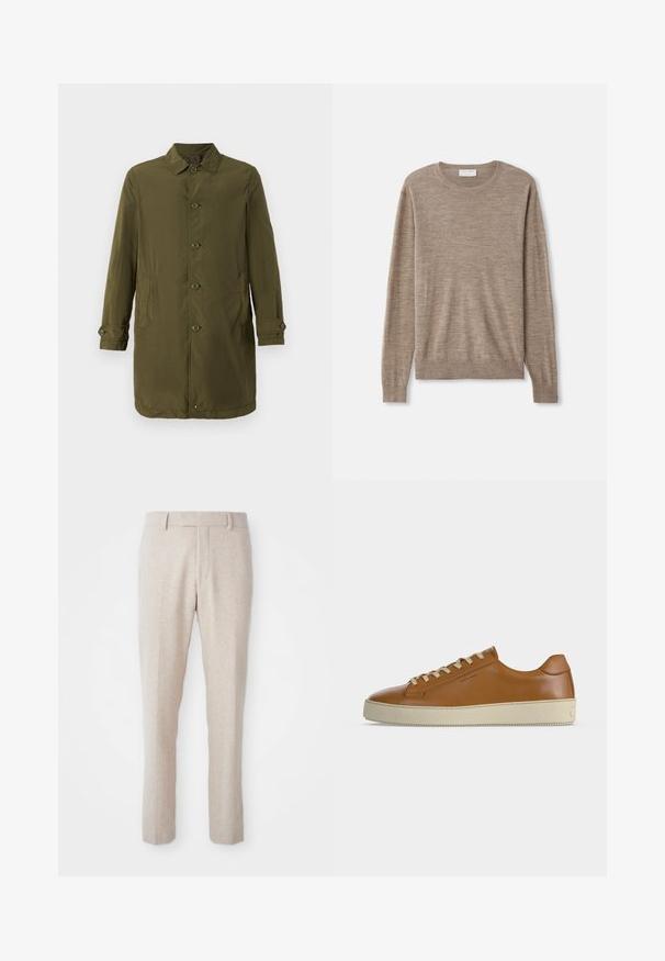 Olivgrüner Mantel, langes Design, aus leichtem Stoff gefertigt. Verfügt über einen spitzen Kragen, eine frontale Knopfleiste und zwei seitliche Taschen.; Beiger Pullover aus feinem Strickmaterial. Mit Rundhalsausschnitt, langen Ärmeln und gerippten Bündchen sowie Saum. Einfaches und zeitloses Design.; Beige Woven-Hosen mit geradem Schnitt, flachem Bund, Gürtelschlaufen und ohne sichtbare Muster oder Hardware-Details.; Brauner Low-Top-Ledersneaker mit cremefarbenen Schnürsenkeln und dicker cremefarbener Gummisohle, seitlich auf weißem Hintergrund dargestellt.