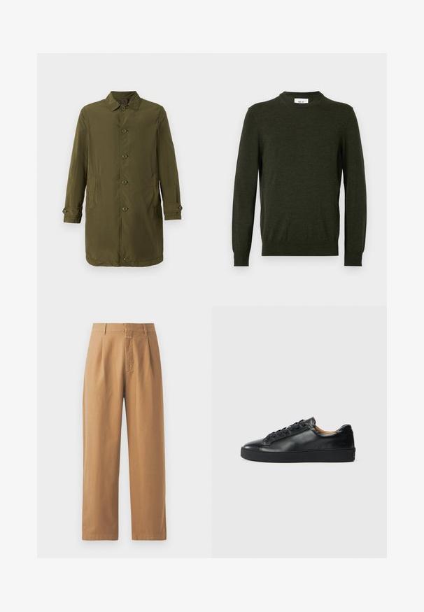 Olivengrøn frakke, lang design, lavet af letvægtsstof. Har en spids krave, frontknaplukning og to sidelommer.; Mørkegrøn sweater lavet af en tekstureret uldblanding, med rund hals og lange ærmer, samt ribbede manchetter og kant.; Brune, brede bukser lavet af glat stof. Har høj talje med folder, bæltestropper og en enkelt frontlomme.; Sorte lædersneakers med en glat overflade, rund tå og snørebåndslukning. Har en tyk gummisål og minimal branddetalje.