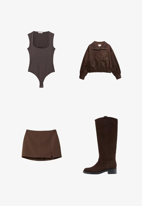 Veste courte marron foncé avec boutons-pression, taille élastiquée, manches longues et col large.; Bodysuit sans manches marron avec un col carré, fabriqué en tissu doux. Comprend une fermeture à pression en bas et une silhouette ajustée.; Mini-jupe marron en tissu lisse, avec une fente frontale, des lignes épurées et une coupe structurée. Sans poches ni détails métalliques apparents.; Botte haute en daim marron foncé avec un petit talon empilé et un bout arrondi, équipée d'une lanière au sommet de la tige.