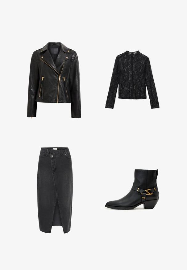 Veste de moto en cuir noir avec quincaillerie dorée, présentant une fermeture éclair asymétrique, plusieurs poches zippées et un col.; Blouse en dentelle noire à manches longues avec un col rond, fermeture à boutons et motifs floraux texturés. Comprend des poignets et un ourlet bordés de dentelle.; Jupe midi en denim noir avec une fente frontale, une coupe structurée et un design classique à cinq poches. Elle a une fermeture à bouton et à zip.; Bottine en cuir noir avec talon bloc bas incliné, bout pointu et boucle décorative dorée avec rivets sur la bride latérale.