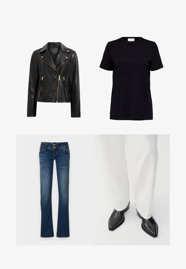 Schwarze Motorrad-Lederjacke mit goldenen Beschlägen, asymmetrischem Reißverschluss, mehreren Reißverschlusstaschen und einem Kragen.; Schwarzes T-Shirt mit kurzen Ärmeln und Rundhalsausschnitt, geradem Saum und einem weißen Etikett auf der Rückseite innen im Kragen.; Dunkelblaue Bootcut-Jeans mit zwei vorderen Knöpfen, fünf Taschen und feinem Verblassen an Oberschenkeln und Knien.; Schwarze spitz zulaufende Stiefeletten aus glattem Leder mit flachen Blockabsätzen, kombiniert mit weißen, weiten Hosen. Schlichtes und modernes Design.