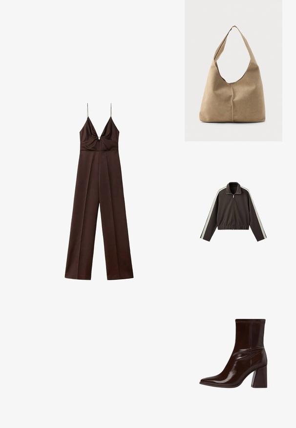 Veste marron à fermeture éclair, fabriquée en tissu lisse, avec des rayures blanches sur les côtés, un col montant et une taille ajustée. Manches longues incluses.; Combinaison marron foncé à jambes larges avec fines bretelles spaghetti et un décolleté en V profond avec un détail froncé à la poitrine.; Bottine en cuir verni marron avec un bout pointu, une cheville élastique et un talon bloc épais. Design élégant avec une texture lisse.; Sac hobo en suède beige doux avec une forme décontractée, une large bandoulière et un détail de couture à la main sur le devant.