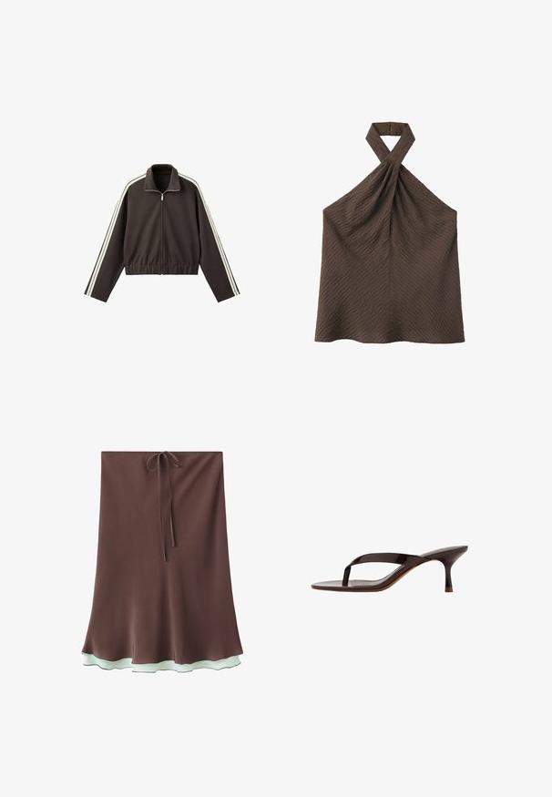 Veste marron à fermeture éclair, fabriquée en tissu lisse, avec des rayures blanches sur les côtés, un col montant et une taille ajustée. Manches longues incluses.; Haut marron texturé sans manches à col licou torsadé avec fermeture boutonnée à l'arrière du cou.; Jupe trapèze marron avec ourlet bleu clair à volants et fine ceinture nouée à la taille, présentée sur fond blanc.; Sandale à talon en cuir verni noir avec bride entre les orteils et un talon petit kitten élancé de hauteur moyenne, vue de côté sur fond blanc.