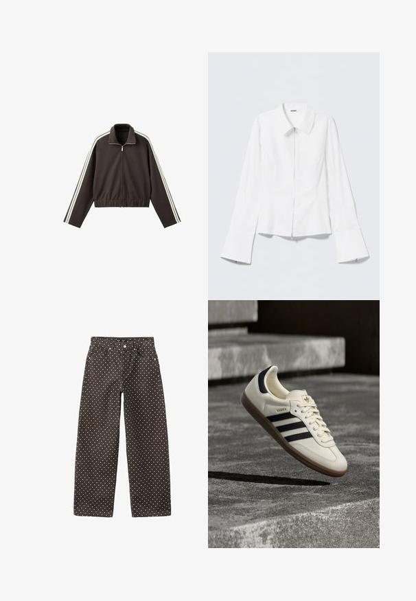 Veste marron à fermeture éclair, fabriquée en tissu lisse, avec des rayures blanches sur les côtés, un col montant et une taille ajustée. Manches longues incluses.; Chemise blanche à manches longues avec un col à revers et une fermeture éclair sur le devant. Elle présente des poignets évasés et une texture lisse en mélange de coton.; Pantalon taille haute noir à pois blancs, fermeture avant par bouton et fermeture éclair, et design à cinq poches.; Baskets blanches Adidas Samba avec des bandes noires et une semelle en gomme, flottant au-dessus de marches en béton gris texturé.