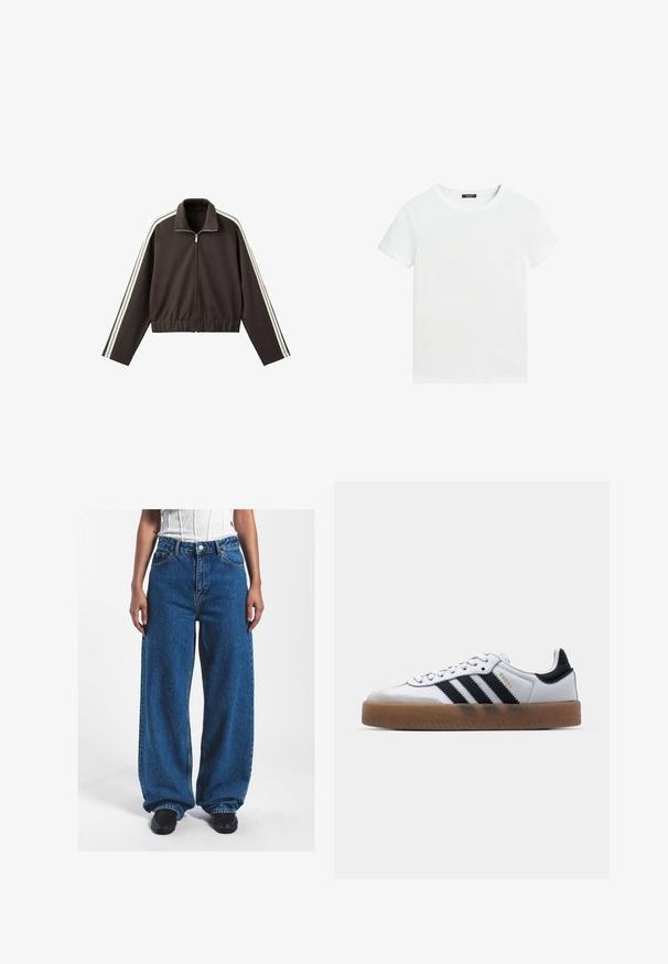 Bruine jas met ritssluiting van gladde stof, voorzien van witte zijstrepen, een hoge kraag en een aansluitende tailleband. Inclusief lange mouwen.; Effen wit T-shirt met korte mouwen, een ronde hals en een klein zwart labeltje aan de binnenkant van de kraag.; Wijdvallende blauwe denim jeans met een hoge taille, voorzien van een knoopsluiting, voorzakken en een licht vervaagde textuur.; Witte leren sneakers met zwarte strepen, gumrubberen buitenzool, ronde neus, vetersluiting en een zachte grijze suède neuskap.