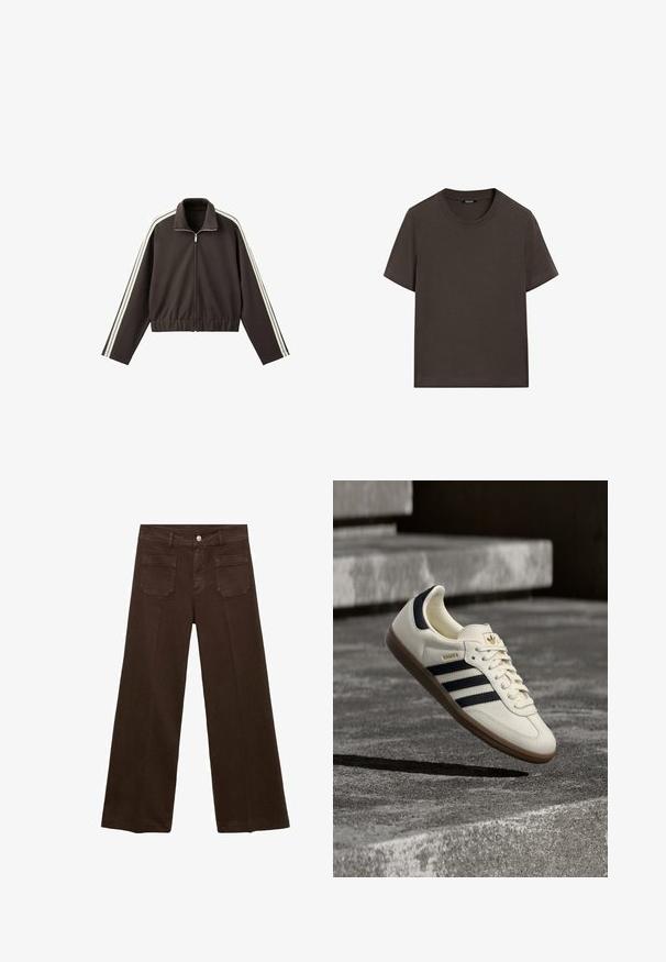 Bruine jas met ritssluiting van gladde stof, voorzien van witte zijstrepen, een hoge kraag en een aansluitende tailleband. Inclusief lange mouwen.; Donkerbruin T-shirt met korte mouwen, gemaakt van katoen. Heeft een ronde halslijn en een ontspannen pasvorm, zonder zichtbare patronen of accenten.; Bruine wijde jeans van denim, met een hoge taille, twee achterzakken en een voor knoopsluiting. Gladde textuur, rechte pasvorm.; Witte Adidas Samba sneaker met zwarte strepen en gumzool, zwevend boven gestructureerde grijze betonnen treden.