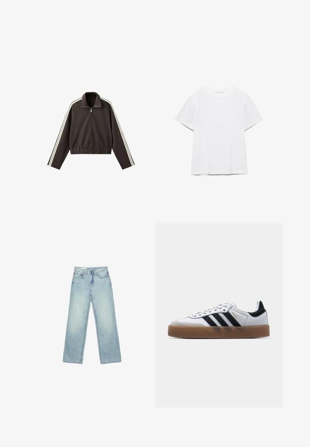 Brun lynlåsjakke lavet af glat stof, med hvide sidelommer, høj krave og en tætsiddende talje. Lange ærmer inkluderet.; Hvid, kortærmet T-shirt med rund hals og lige kant, vist på en hvid baggrund.; Lyseblå højtaljede brede jeans med let slid på forlommer og lår, knaplukning og design med fem lommer.; Hvide lædersneakers med sorte striber, gummirubber sål, rund tå, snørelukning og blød grå ruskinds tåhætte.