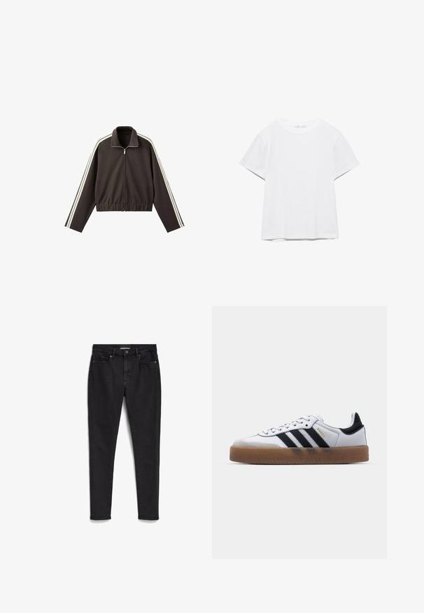 Bruine jas met ritssluiting van gladde stof, voorzien van witte zijstrepen, een hoge kraag en een aansluitende tailleband. Inclusief lange mouwen.; Effen wit T-shirt met korte mouwen en ronde hals, met een rechte zoom, gepresenteerd tegen een witte achtergrond.; Zwarte skinny jeans gemaakt van denim; vijf-pocket ontwerp met een rits en knoopsluiting. Heeft een subtiele textuur en een schone, minimalistische stitching.; Witte leren sneakers met zwarte strepen, gumrubberen buitenzool, ronde neus, vetersluiting en een zachte grijze suède neuskap.