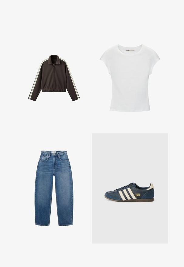 Bruine jas met ritssluiting van gladde stof, voorzien van witte zijstrepen, een hoge kraag en een aansluitende tailleband. Inclusief lange mouwen.; Witte katoenen T-shirt met korte, opgerolde mouwen, een ronde halslijn en een rechte zoom. Gladde textuur zonder zichtbare patronen of accenten.; Hoge taille blauwe denim jeans met een rechte pijp, voorzien van vijf zakken, riemlussen en subtiele vervaging voor extra textuur.; Marineblauwe suede sneaker met crèmekleurige strepen, gestructureerd teenpaneel, gouden "adidas JAPAN" logo en een bruine rubberen zool. Klasseiek laag model.