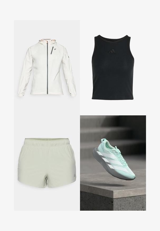 Lichte, witte jas met een rits aan de voorkant, een verstelbare capuchon en elastische manchetten. Voorzien van een grijze ritsborstzak en logo-accent.; Zwart geribbeld mouwloos crop top met een hoge ronde hals en een klein zwart Adidas-logo in het midden van de borst.; Lichtgroene sportshorts van ademend materiaal, met een geperforeerde textuur en elastische tailleband. Logo aan de zijkant gedrukt.; Lichtblauwe hardloopschoen met witte strepen en grijze zool zwevend boven een betonnen trede met vage trappen op de achtergrond.