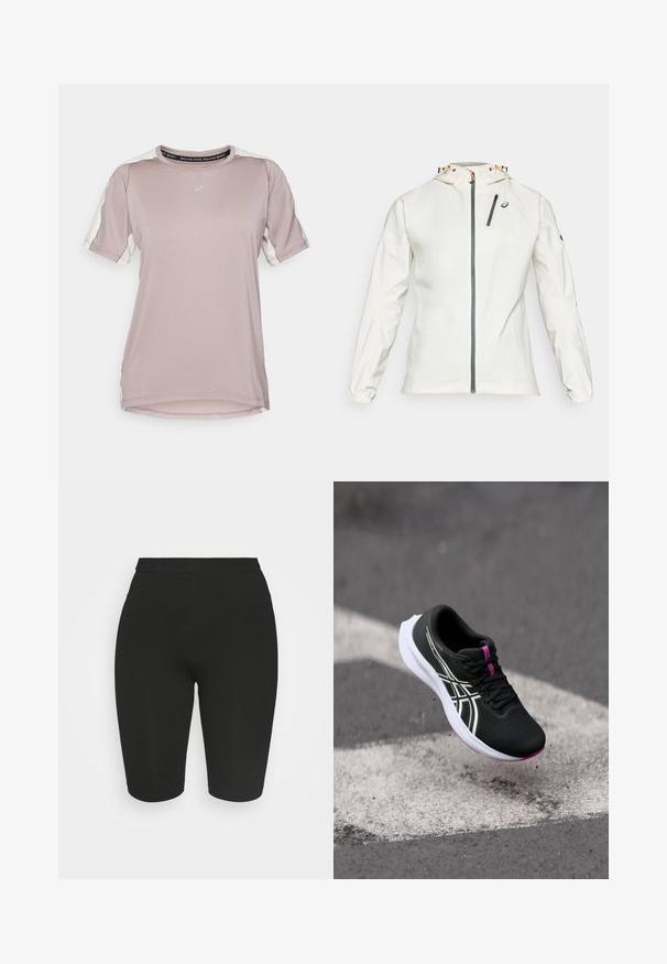 Lichte, witte jas met een rits aan de voorkant, een verstelbare capuchon en elastische manchetten. Voorzien van een grijze ritsborstzak en logo-accent.; ASICS FUJITRAIL ELITE TOP - Sport T-shirt - rainstorm grey/cream; Zwarte fietsshorts met een aansluitend ontwerp, elastische tailleband en een gladde textuur. De lengte valt boven de knie. Geen zichtbare patronen of versieringen.; Zwarte sportieve schoen met een gestructureerde bovenkant, witte zool, roze accenten en contrasterende witte strepen. Zweeft boven een grijze ondergrond.