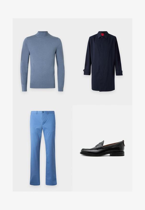 Mørkeblå trenchcoat med spids krave, enkelt knaplukning og oprullede ærmer med knapdetaljer. Glat tekstur, minimalistisk design.; Lyseblå rullekrave trøje lavet af strikket stof, med lange ærmer, ribbet krave og kant. Enkel design uden synlige mønstre.; Lys blå bomuldsbukser med lige ben design, der har en frontknaplukning og en glat tekstur. Ingen synlige mønstre eller dekorationer.; Sort læder herre loafer med moc-tå syning, penny strop, struktureret krave og lav stablet hæl på hvid baggrund.