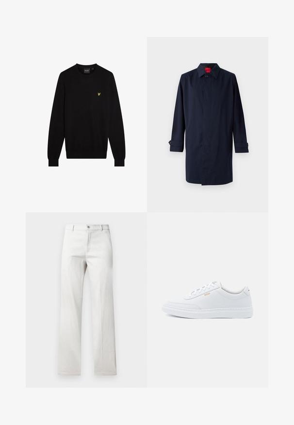 Marineblauwe trenchcoat met een puntige kraag, enkele knoopsluiting en opgerolde mouwen met knoopaccenten. Gladde textuur, minimalistisch ontwerp.; Zwarte trui van zachte stof, met een ronde halslijn en lange mouwen. Klein geel geborduurd logo op de linkerborst.; Lichtgrijze broeken met een rechte pijp, gemaakt van een soepele stof, met een voorste knoopsluiting en zijzakken.; Witte leren sneakers met een gladde textuur, ronde neus en tonale stiksels. Voorzien van blauwe veters en een gouden logo op de zijkant.