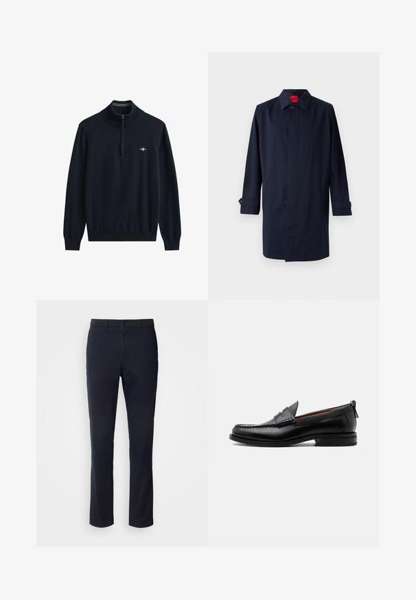 Mørkeblå trenchcoat med spids krave, enkelt knaplukning og oprullede ærmer med knapdetaljer. Glat tekstur, minimalistisk design.; Marineblå sweater med høj krave og halv lynlås. Ribstrikkede manchetter og kant. Har en lille hvid logo på brystet. Blødt, strikket stof.; Marineblå bukser lavet af glat stof, der har et lige ben-design, bælteløkker og en knaplukning med lynlås.; Sort læder herre loafer med moc-tå syning, penny strop, struktureret krave og lav stablet hæl på hvid baggrund.
