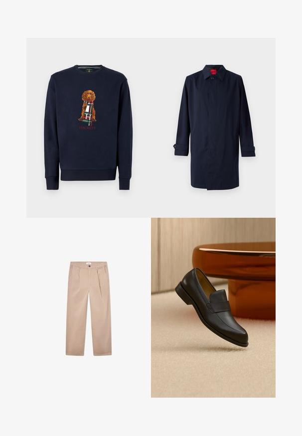 Mørkeblå trenchcoat med spids krave, enkelt knaplukning og oprullede ærmer med knapdetaljer. Glat tekstur, minimalistisk design.; Marine sweatshirt med lange ærmer, der har en brun hund, der holder et ternet tørklæde; "Hackett" tekst nedenfor designet i rødt. Blødt bomuldsstof.; Kakhi bukser lavet af bomuld med lige ben-design, der har to forlommer, en knaplukning og en klassisk pasform.; Sort læder loafers med lav hæl svævende over beige tæppe ved rundt brunt bord.