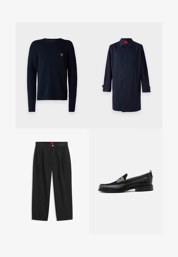 Mørkeblå trenchcoat med spids krave, enkelt knaplukning og oprullede ærmer med knapdetaljer. Glat tekstur, minimalistisk design.; Belstaff WATCH CREWNECK JUMPER - Striktrøje - dark ink; Sorte bukser med høj talje med forreste læg, bæltestropper, knap og lynlås lukning samt en rød label indeni linningen.; Sort læderloafer med grå remdetalje, lav hæl og tekstureret sål, mærket med "HUGO" i guld på siden.