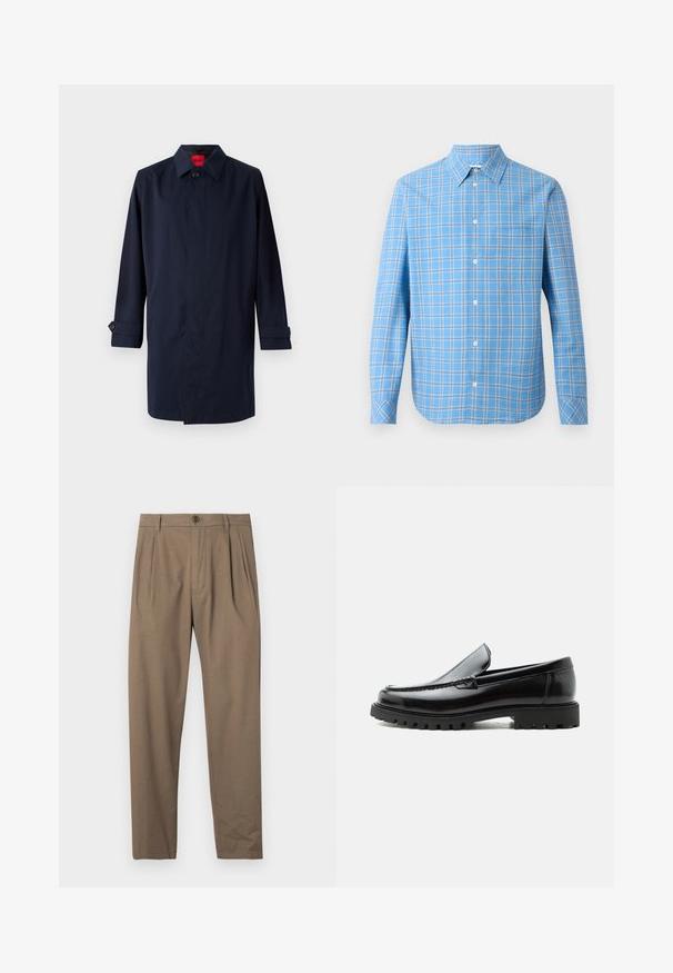 Mørkeblå trenchcoat med spids krave, enkelt knaplukning og oprullede ærmer med knapdetaljer. Glat tekstur, minimalistisk design.; Lyseblå ternet skjorte med knaplukning, lange ærmer, krave og en enkelt brystlomme. Har hvide og sorte gitterdetaljer.; Brune plisserede bukser lavet af blødt stof, med lynlås og knaplukning foran, lige ben-design og glat overflade.; Sort læderloafer med chunky gummisål, syet overdel og præget mærkenavn på hælen, vist i sideprofil på hvid baggrund.