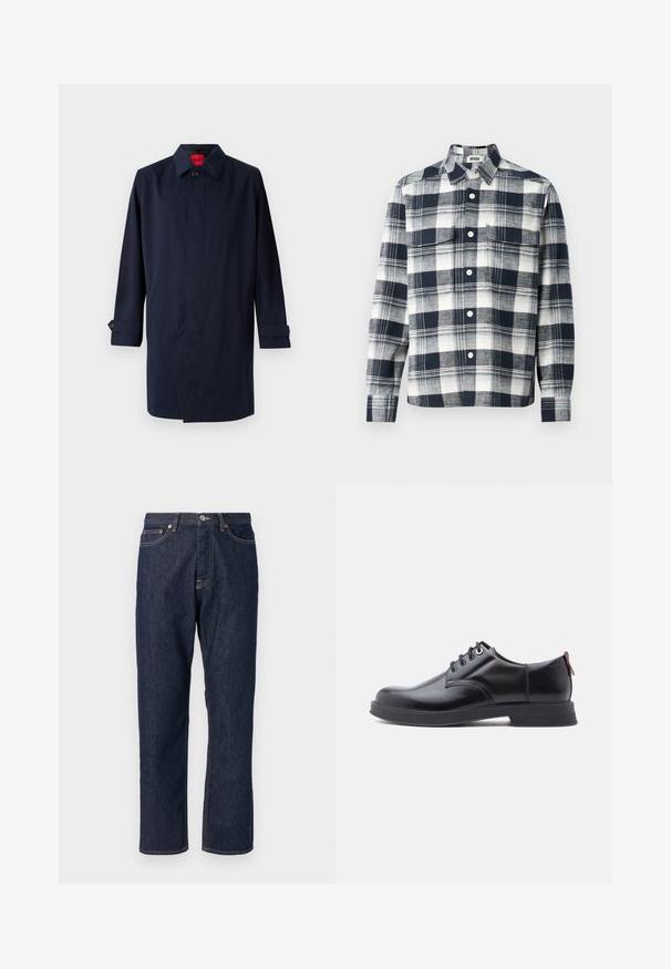Marinblauer Trenchcoat mit spitzem Kragen, Ein-Knopf-Verschluss und hochrollbaren Ärmeln mit Knopfdetails. Gepflegte Textur, minimalistisches Design.; Karierte Hemd aus Stoff in Marineblau und Weiß. Mit button-down Kragen, Brusttasche und langen Ärmeln.; Dunkelblaue Denimjeans mit geradem Bein-Design. Verfügt über einen Knopf- und Reißverschluss, fünf Taschen und Kontrastnähte.; Schwarze Leder-Schnürschuhe mit glatter Textur, rundem Zehenbereich und dezenten Ziernähten. Mit einem roten Laschenband an der Ferse.