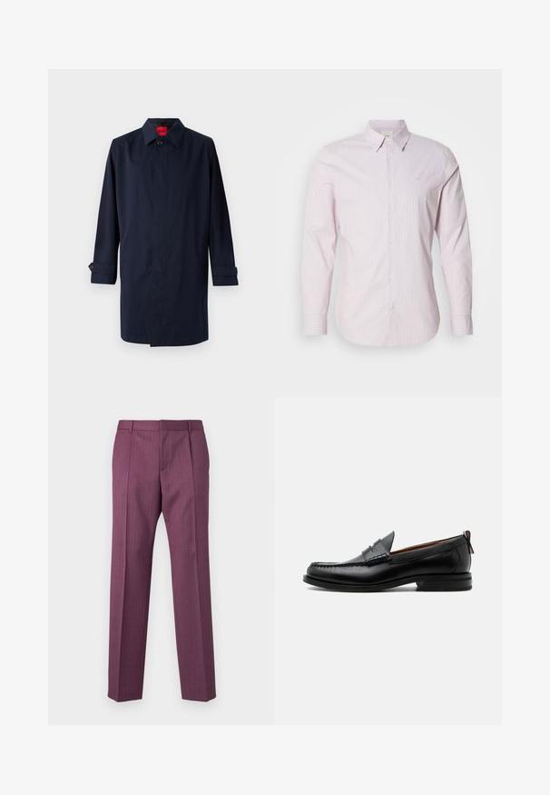 Mørkeblå trenchcoat med spids krave, enkelt knaplukning og oprullede ærmer med knapdetaljer. Glat tekstur, minimalistisk design.; Lys rosa stribet langærmet skjorte lavet af bomuld, med en knap-til-kant krave og et lille logo på brystet. Glat tekstur.; Lilla, stribet bukser med lige ben, skræddersyet design og forlommer. Fremstillet af letvægtsstof, har bælteløkker og en frontfold.; Sort læder herre loafer med moc-tå syning, penny strop, struktureret krave og lav stablet hæl på hvid baggrund.