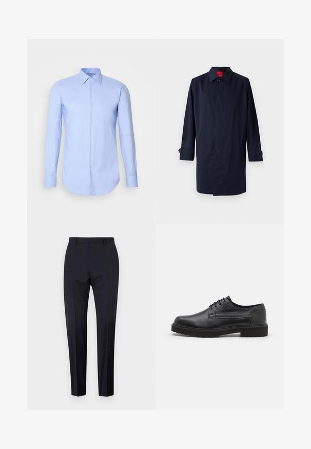 Mørkeblå trenchcoat med spids krave, enkelt knaplukning og oprullede ærmer med knapdetaljer. Glat tekstur, minimalistisk design.; Lys blå langærmet skjorte lavet af bomuld, med knaplukning foran, krave og rundet kant. Glat tekstur uden mønstre.; Marineblå skrædderbukser, flad front, slim fit, med bæltestropper og sidelommer. Glat stof med en skarp finish, ingen synlige mønstre eller accent.; Sorte lædersko med rund tå, glat finish og minimal syning. Har snørebåndslukning og en kraftig, struktureret gummisål.