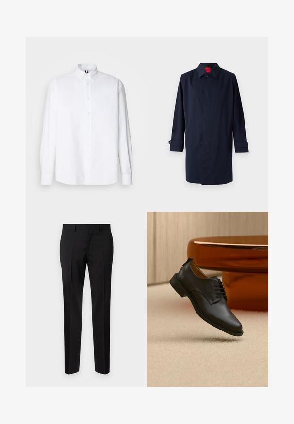 Mørkeblå trenchcoat med spids krave, enkelt knaplukning og oprullede ærmer med knapdetaljer. Glat tekstur, minimalistisk design.; Hvid langærmet skjorte med knaplukning lavet af bomuld, med klassisk krave og diskret broderet detalje på brystet. Glat tekstur, regular fit.; Sorte skræddersyede bukser lavet af glat stof, med lige ben, raffinerede folder og en klassisk talje med bæltestropper.; Sort læder snørestøvle til mænd, der svæver over en beige tæppe, med et brunt rundt sofabord i baggrunden.