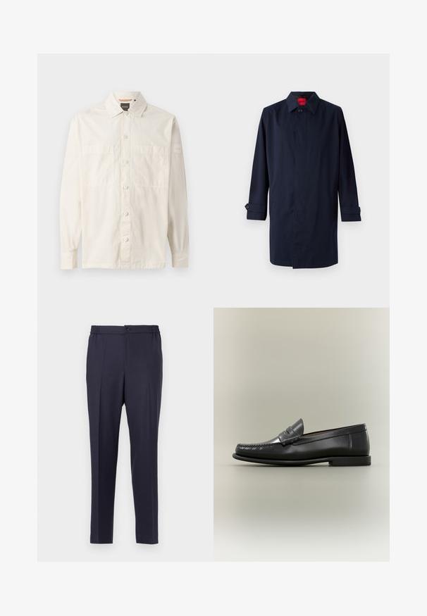Manteau en bleu marine avec un col pointu, fermeture à un bouton et manches retroussées avec des accents de boutons. Texture lisse, design minimaliste.; Chemise beige à manches longues en tissu léger, avec un devant boutonné, deux poches poitrine et une étiquette de marque sur la manche.; Pantalon bleu marine à devant plat, taille élastique et fermeture à bouton. Coupe droite et texture lisse, adapté pour une tenue formelle ou décontractée.; Mocassin pour homme en cuir noir avec un design moc-toe, une lanière à monnaie et un talon bas sur un fond neutre.