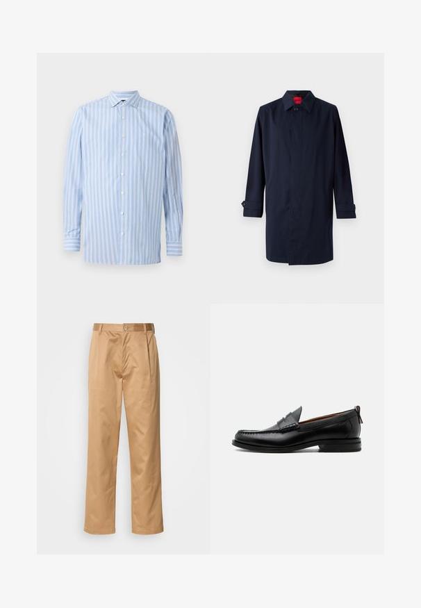 Mørkeblå trenchcoat med spids krave, enkelt knaplukning og oprullede ærmer med knapdetaljer. Glat tekstur, minimalistisk design.; Lys blå langærmet skjorte med vertikale hvide og lyseblå striber, knaplukning, krave og et lille broderet logo på brystet.; Khaki bukser, blanding af bomuld, lige ben-design, frontfald, bæltesløjfer og knaplukning. Glat tekstur uden mønstre.; Sort læder herre loafer med moc-tå syning, penny strop, struktureret krave og lav stablet hæl på hvid baggrund.