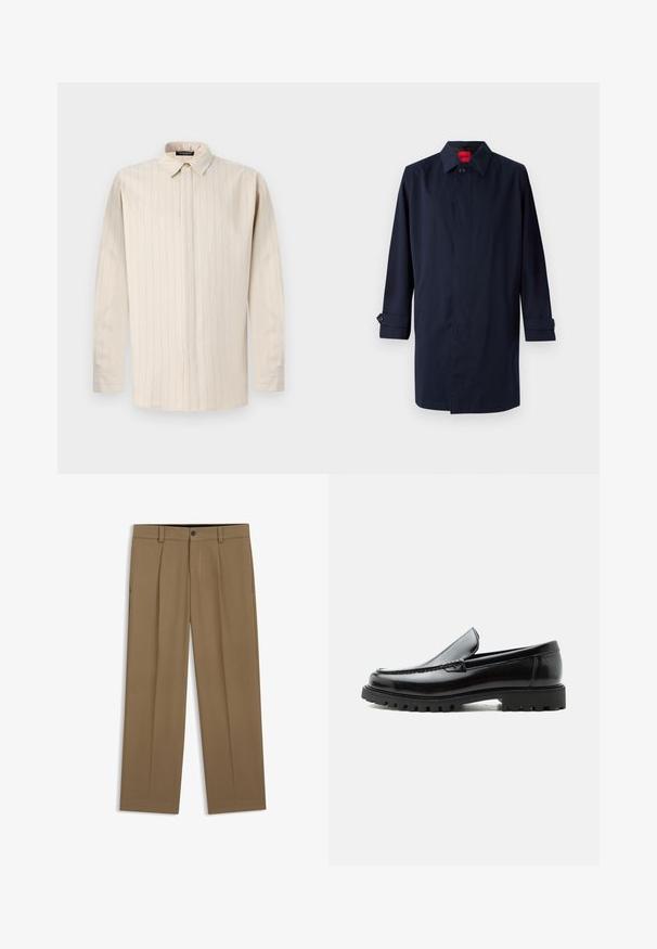 Mørkeblå trenchcoat med spids krave, enkelt knaplukning og oprullede ærmer med knapdetaljer. Glat tekstur, minimalistisk design.; Lyse beige langærmet skjorte med knapkrave, der har lodrette striber, lige snit og enkeltknapsmanchetter.; Brune lige bukser med bæltestropper, forreste knap og lynlås, vist fladt på en hvid baggrund.; Sort læderloafer med chunky gummisål, syet overdel og præget mærkenavn på hælen, vist i sideprofil på hvid baggrund.