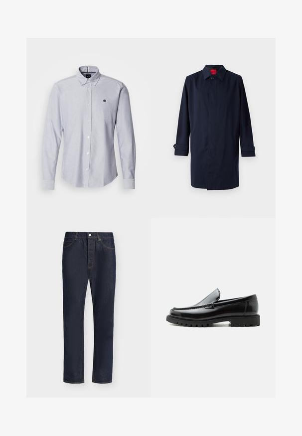 Mørkeblå trenchcoat med spids krave, enkelt knaplukning og oprullede ærmer med knapdetaljer. Glat tekstur, minimalistisk design.; Lyseblå skjorte med lange ærmer, lavet af et struktureret stof. Har et lille logo på venstre bryst og standard manchetter.; Mørkeblå denimjeans med lige ben, forreste lukning med knap og lynlås, bæltestropper samt for- og baglommer.; Sort læderloafer med chunky gummisål, syet overdel og præget mærkenavn på hælen, vist i sideprofil på hvid baggrund.