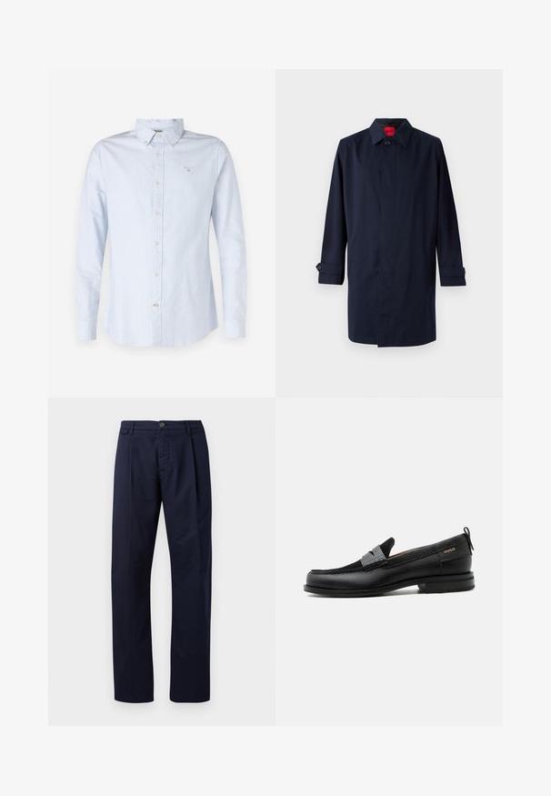 Marinblauer Trenchcoat mit spitzem Kragen, Ein-Knopf-Verschluss und hochrollbaren Ärmeln mit Knopfdetails. Gepflegte Textur, minimalistisches Design.; Himmelblaues Langarmhemd mit Button-down-Kragen, strukturiertem Stoff, vorderem Knopfverschluss und kleinem gestickten Logo auf der Brust.; Navyblaue Hosen aus einem glatten Stoff, mit geradem Beinverlauf, Knopfverschluss und einer einzigen vorderen Falte.; Schwarzer Lederloafer mit grauem Riemendetail, niedrigem Absatz und strukturierter Sohle, seitlich mit „HUGO“ in Gold gebrandmarkt.