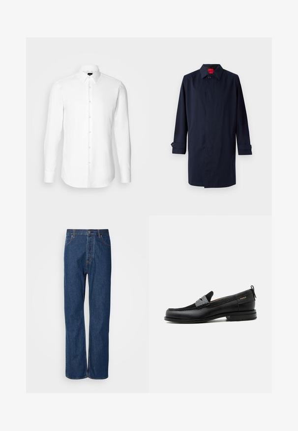 Mørkeblå trenchcoat med spids krave, enkelt knaplukning og oprullede ærmer med knapdetaljer. Glat tekstur, minimalistisk design.; Hvid skjorte med lange ærmer, knaplukning foran, klassisk krave, lavet af glat stof med en subtil tekstur, designet til et tætsiddende udseende.; Blå denim jeans med lige ben, der har en knaplukning, fem lommer og kontraststikninger langs sømmene.; Sort læderloafer med grå remdetalje, lav hæl og tekstureret sål, mærket med "HUGO" i guld på siden.