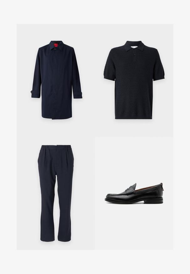 Mørkeblå trenchcoat med spids krave, enkelt knaplukning og oprullede ærmer med knapdetaljer. Glat tekstur, minimalistisk design.; Sort polo t-shirt med et struktureret zigzagmønster, korte ærmer og en krave med to knapper. Lavet af et åndbart stof.; Marineblå bukser lavet af blødt stof med elastisk talje, med folder foran og lige bukseben.; Sort læder herre loafer med moc-tå syning, penny strop, struktureret krave og lav stablet hæl på hvid baggrund.