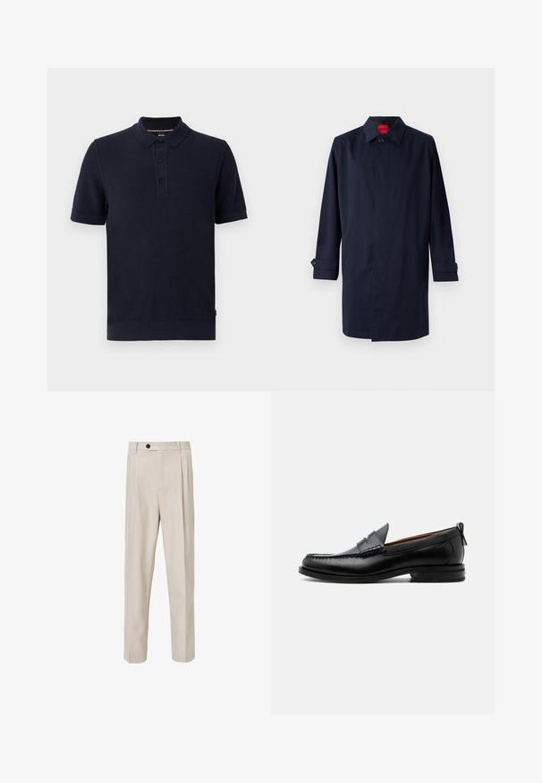 Mørkeblå trenchcoat med spids krave, enkelt knaplukning og oprullede ærmer med knapdetaljer. Glat tekstur, minimalistisk design.; Marineblå polo T-shirt lavet af tekstureret strikstof, med toknap lukning og ribbet ærmer og kant. Enkel og moderne design.; Beige skræddersyede bukser med lige ben-design, der har frontplisseringer, knaplukning og en glat tekstur.; Sort læder herre loafer med moc-tå syning, penny strop, struktureret krave og lav stablet hæl på hvid baggrund.