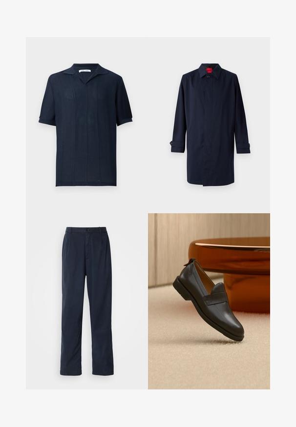 Abrigo trench de color azul marino con cuello puntiagudo, cierre de un botón y mangas enrollables con detalles de botones. Textura suave, diseño minimalista.; Samsøe Samsøe SATRAVIS POLO - Polo - salute; Pantalones azul marino de mezcla de algodón. Cuentan con un diseño de pierna recta, cierre frontal con boton, y pliegues sutiles. Textura suave.; Mocasín de cuero negro con tacón bajo flotando sobre una alfombra beige, junto a una mesa brillante de color ámbar en una habitación minimalista.
