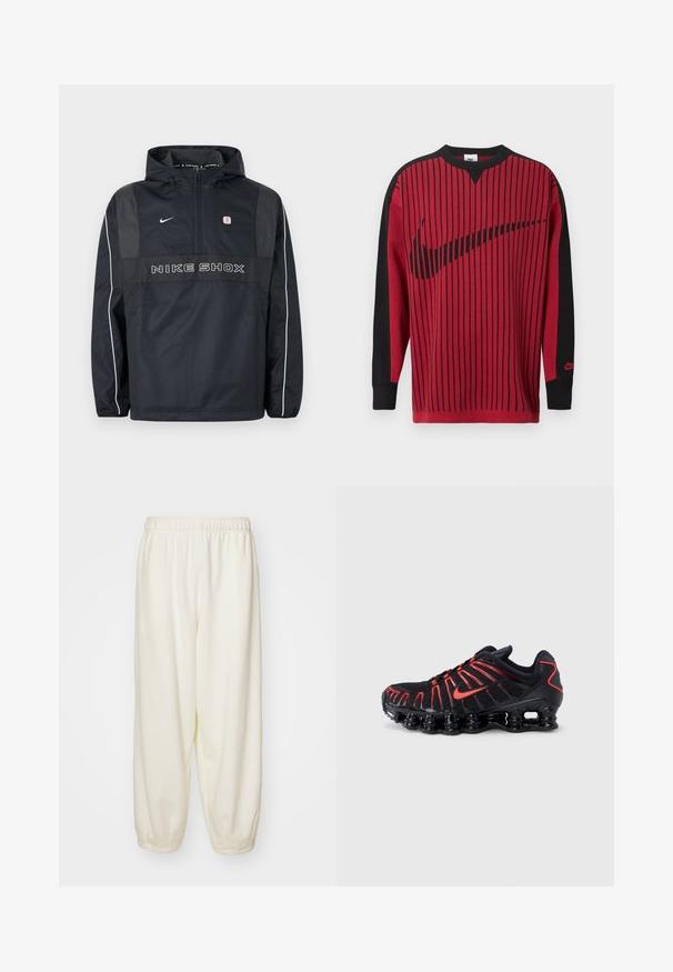Sort Nike Shox hættetrøje med halv lynlås, hvide striber på ærmerne, Nike-logo og teksten "NIKE SHOX" på fronten.; Rød strikket sweatshirt med sorte lodrette striber, sorte ærmer og en sort Nike-logo. Har rund hals og ribbet ærmekanter.; Cremefarvede sweatpants lavet af blødt stof, med en elastisk talje og tapered manchetter, i en afslappet pasform og uden synlige mønstre.; Sorte atletiksko med røde detaljer, der har en struktureret mesh-overdel, et unikt bølget design og en formstøbt polstret sål.