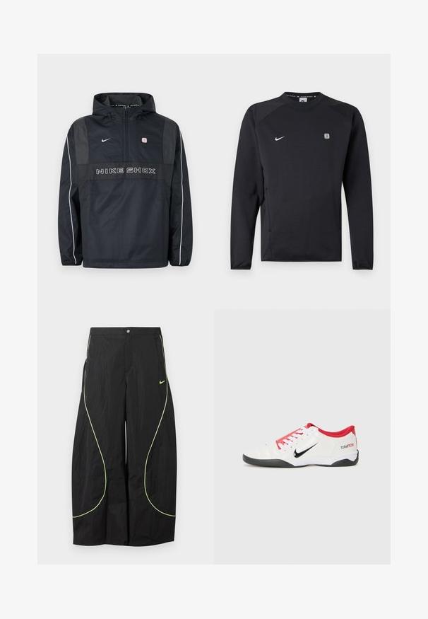 Zwarte Nike Shox capuchontrui met halve rits, witte bies op de mouwen, Nike-logo en "NIKE SHOX" tekst aan de voorkant.; Zwarte Nike sport-sweater met lange mouwen en een ronde hals, witte Nike swoosh op de borst en een klein vierkant logo aan de rechterkant.; Zwarte wijde Nike-broek met neon groene gebogen biezen en klein Nike-swoosh-logo op de rechterdij, knoop- en ritssluiting in de taille.; Witte sportieve schoen met rode accenten, zwart Swoosh-logo en gestructureerd ontwerp. Bevat witte veters en een zwarte buitenzool. Tekst leest "total90."