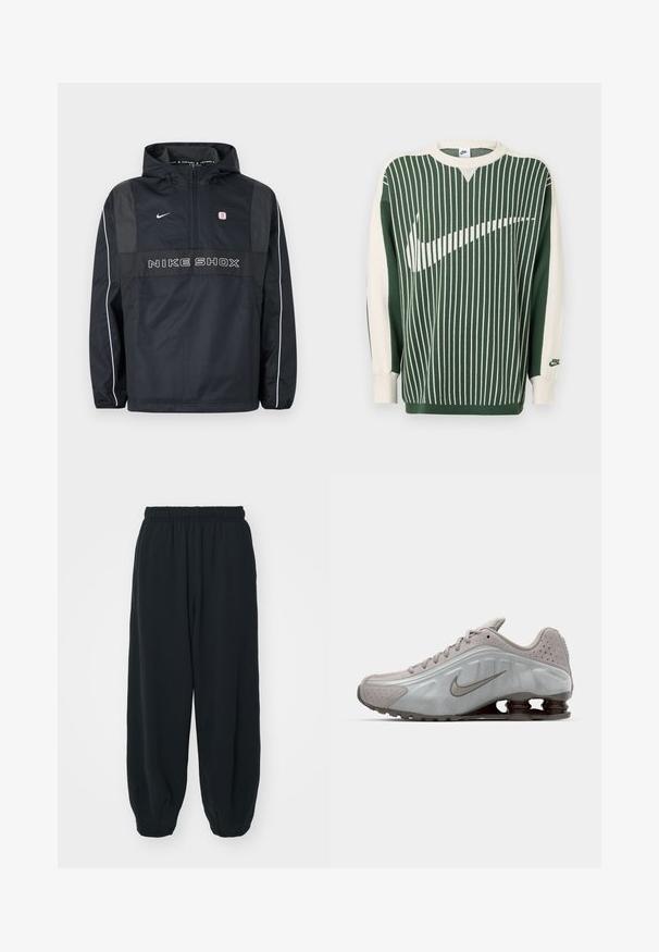 Sort Nike Shox hættetrøje med halv lynlås, hvide striber på ærmerne, Nike-logo og teksten "NIKE SHOX" på fronten.; Grøn og kremfarvet strikket sweater med lodrette striber, med en stor hvid Nike-logo, ribstrikkede manchetter og rund halsudskæring.; Sorte svedbukser med elastisk talje, løs pasform, afsluttede ankler, glat tekstur og uden synlige mønstre eller hardware-detaljer.; Nike løbesko i lysegrå med en glat tekstur, buet design og synlige støddæmpningsfjeder i mørkebrun ved hælen.