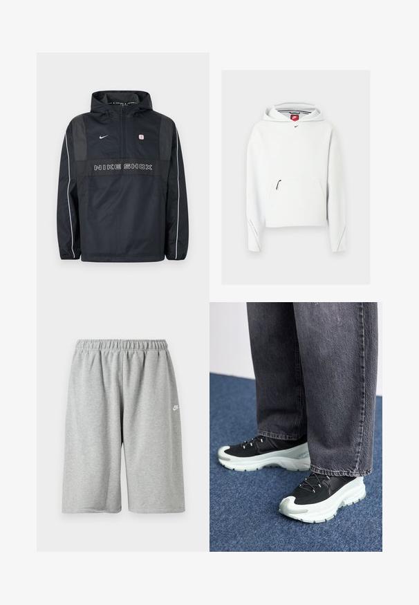 Sort Nike Shox hættetrøje med halv lynlås, hvide striber på ærmerne, Nike-logo og teksten "NIKE SHOX" på fronten.; Hvid Nike-hoodie med lynlåslomme foran, lille sort Nike-logo på brystet og hætte, vist på en ensfarvet lys baggrund.; Grå bomuldsshorts med elastik i taljen, med løs pasform og et lille hvidt logo nær kanten. Glat tekstur, længde over knæet.; Sorte atletiske sko med et tekstureret stykke stof på overdelen, hvid mellemsål, sorte snørebånd og gummisål, parret med grå vide bukser.