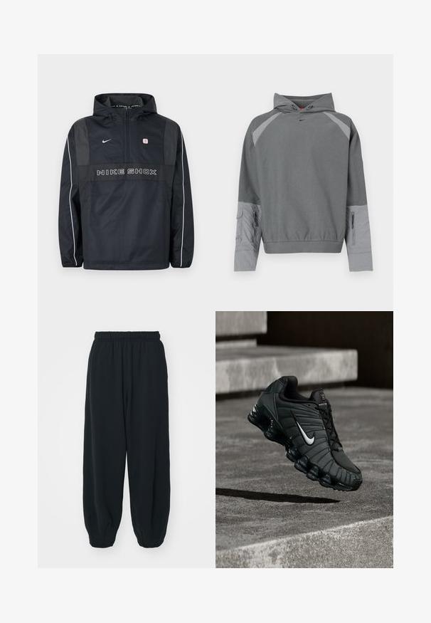 Sort Nike Shox hættetrøje med halv lynlås, hvide striber på ærmerne, Nike-logo og teksten "NIKE SHOX" på fronten.; Grå hættetrøje med en tekstureret grå krop, raglanærmer, frontlomme og sidelåsdetalje. Har et sort logo på brystet.; Sorte svedbukser med elastisk talje, løs pasform, afsluttede ankler, glat tekstur og uden synlige mønstre eller hardware-detaljer.; Nike sportsko i mørkegrøn, med en glat syntetisk overdel, mesh-struktur, sorte snørebånd og en blank sål med air-dæmpning.
