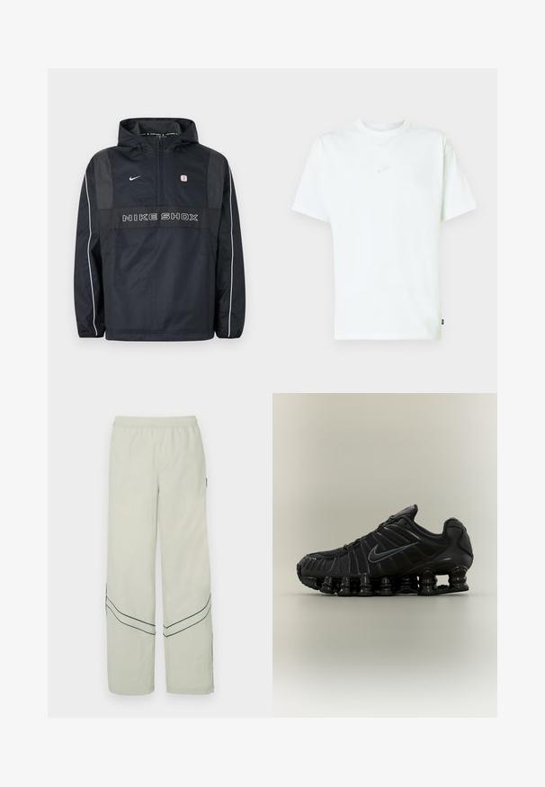 Μαύρο μονοκόμματο μπουφάν Nike Shox με κουκούλα, φερμουάρ μέχρι τη μέση, λευκές ραφές στα μανίκια, λογότυπο Nike, και κείμενο "NIKE SHOX" στο εμπρόσθιο μέρος.; Λευκή βαμβακερή μπλούζα με στρογγυλή λαιμόκοψη, κοντά μανίκια και μικρό ανάγλυφο λογότυπο Nike στο στήθος. Μαλακή υφή και άνετη εφαρμογή.; Ανοιχτό πράσινο φαρδύ παντελόνι με ελαστική μέση, διακοσμημένο με διαγώνιες σκούρες πράσινες γραμμές και απλό σχέδιο. Λεία, ελαφριά υφάσματα.; Μαύρο αθλητικό παπούτσι Nike για τρέξιμο με ελαστική, τμηματική σόλα, επάνω μέρος από δίχτυ και μαύρο λογότυπο swoosh στο πλάι.
