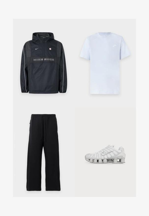 Čierna mikina Nike Shox s kapucňou a polovičným zipsom, bielym lemovaním na rukávoch, logom Nike a textom „NIKE SHOX“ na prednej strane.; Svetlomodré bavlnené tričko s krátkymi rukávmi, okrúhlym výstrihom a bielym logom Nike potlačeným na ľavej hrudi. Hladká textúra, jednoduchý dizajn.; Čierne tepláky z jemného materiálu, s nastaviteľným pásom, širokým strihom a bočnými vreckami s hladkým povrchom.; Biela bežecká obuv Nike s viditeľnou vzduchom odpruženou podrážkou a strieborným logom Swoosh na boku, zobrazená z vonkajšej strany.
