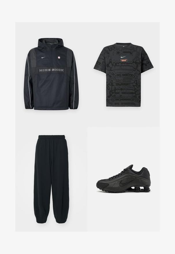 Chaqueta con capucha tipo pullover Nike Shox negra con media cremallera, ribetes blancos en las mangas, logo de Nike y texto "NIKE SHOX" en el frente.; Camiseta negra con un patrón texturizado, que presenta un pequeño logotipo de Nike en azul claro y un parche rectangular con el logotipo en colores contrastantes.; Pantalones de chándal negros con cintura elástica, de corte holgado, con puños en los tobillos, textura suave y sin patrones visibles ni acentos metálicos.; Zapatillas de running negras con un upper sintético liso, detalles perforados, paneles laterales texturizados y una suela distintiva y elástica.
