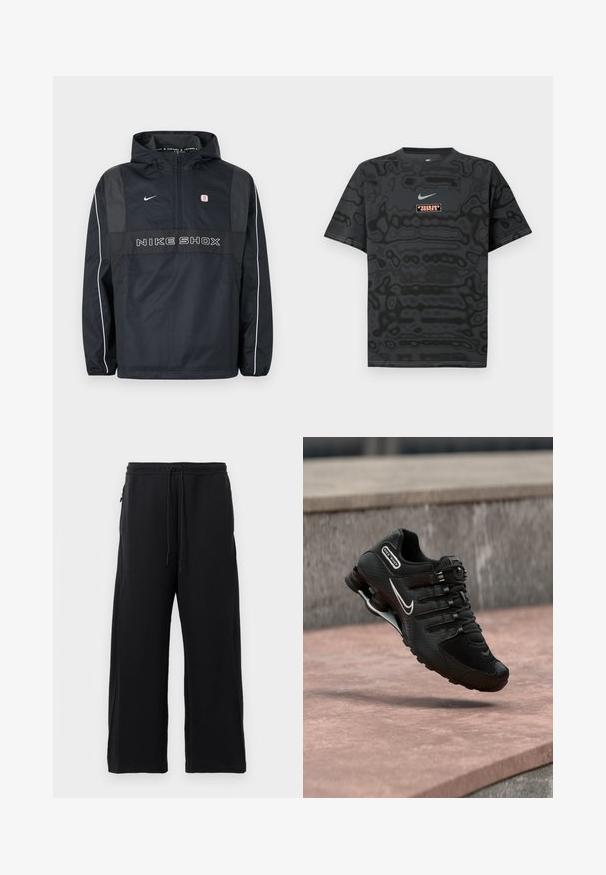Veste à capuche noire Nike Shox avec demi-fermeture éclair, passepoil blanc sur les manches, logo Nike et texte "NIKE SHOX" sur le devant.; T-shirt noir avec un motif texturé, arborant un petit logo Nike en bleu clair et un écusson rectangulaire aux couleurs contrastantes.; Pantalons de survêtement noirs en tissu doux, dotés d'une taille avec cordon de serrage, d'une coupe large et de poches latérales avec une texture lisse.; Chaussure de running Nike Shox noire avec logo swoosh blanc, en l'air au-dessus d'une surface en béton rosée devant un mur en pierre gris.
